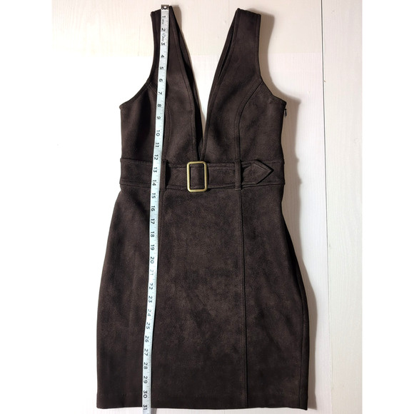 Forever 21 Brown Faux Suede Mini Dress S Belted Overall Y2K Retro Indie - Picture 11 of 15